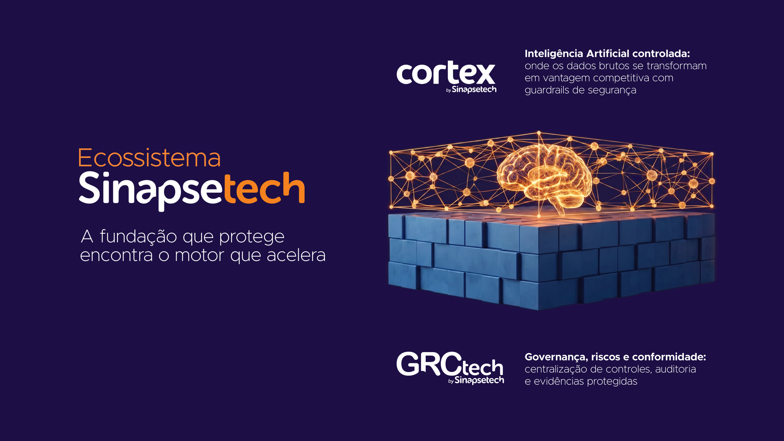Ecossistema SinapseTech: a GRCtech forma a fundação de governança, riscos e conformidade, com centralização de controles, auditoria e evidências protegidas, e sobre ela a Cortex atua como motor de inteligência artificial controlada, transformando dados brutos em vantagem competitiva com guardrails de segurança.